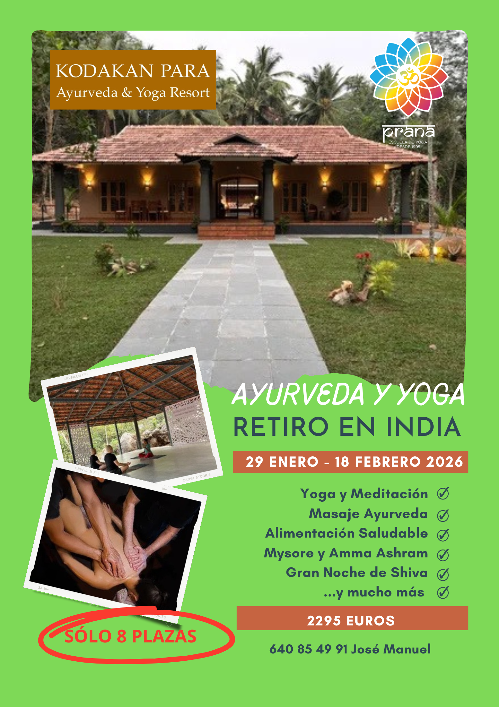🌿 Retiro Ayurveda & Yoga en India 📅 29 enero – 18 febrero 2026 📍 Kodakan Para · Kerala (India) ✨ Una experiencia única de transformación Un viaje de 3 semanas en el sur de India, donde Ayurveda y Yoga se encuentran como caminos de sanación, equilibrio y autoconocimiento.