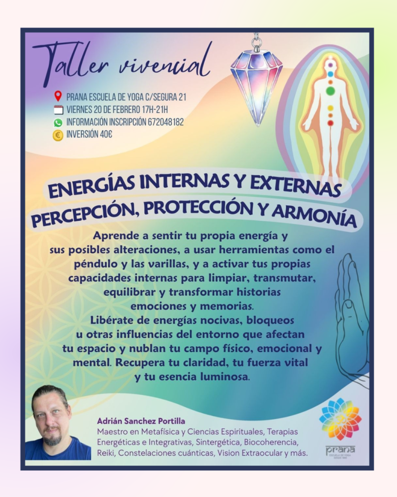 🌿 RESUMEN DEL TALLER (para web / destacados)

Taller vivencial enfocado en el desarrollo de la percepción energética consciente, donde aprenderás a reconocer tu propia energía, detectar desequilibrios y activar tus capacidades internas para limpiar, armonizar y proteger tu campo energético, emocional y mental. No se requieren conocimientos previos.